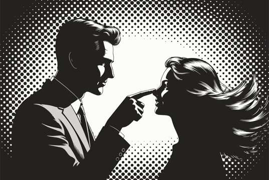 Silhouette of a man poking a woman on the nose in a playful or confrontational manner, set against a black and white halftone background.