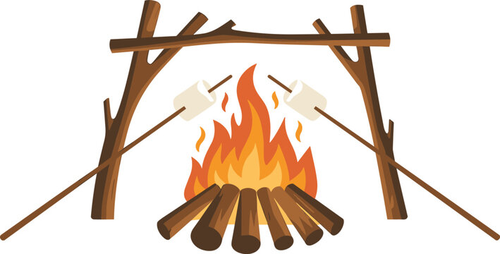  Campfire bonfire vector illustration with roasting marshmallows on sticks and wood logs isolated on white background