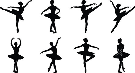 Collection of elegant black silhouettes of female ballet dancers wearing tutus in various poses isolated on white © MdMorsalin