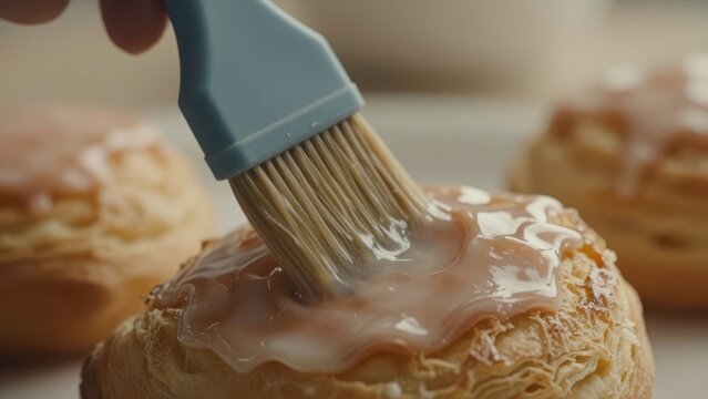 Close-up of Pastry Chef Brushing Glaze onto Fresh Cream Puffs and Profiteroles in a Bakery Setting with Warm Soft Lighting and Shallow Depth of Field
