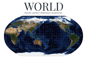 World map in Robinson projection, Pacific-centered, high-detail physical map. April View. Elements of this image furnished by NASA. © Eugene Ga