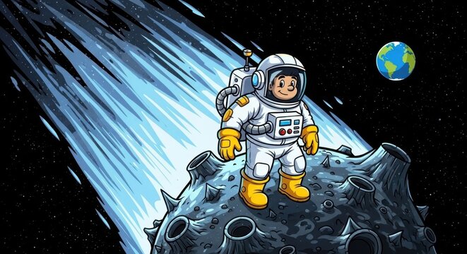 Cartoon astronaut exploring space on asteroid surface.