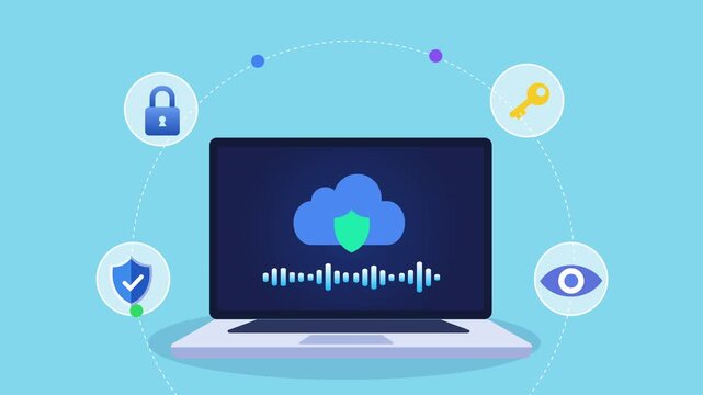 Animated flat vector motion graphic featuring an AI secure cloud protection interface on a laptop with security, encryption, privacy, and authentication icons. Ideal for cybersecurity, cloud computing
