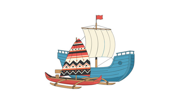 Two traditional sailing vessels featuring a vibrant outrigger proa and a blue multi-masted ship on a clean white background.