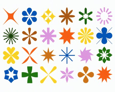 Set of colorful minimalist geometric starburst and flower shape elements on a white background.