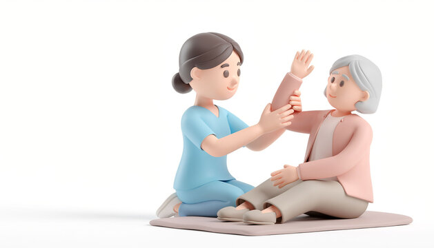 床に座って腕のリハビリをするシニア女性と理学療法士の3Dクレイ風イラスト ストレッチ・機能訓練・介護・予防