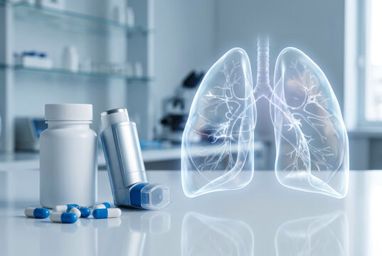 White medicine bottle with scattered capsules and a metallic inhaler beside transparent glass lungs and respiratory system visualization. Respiratory healthcare concept