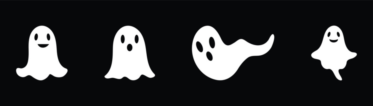 Haunted face Halloween ghost isolated on black background. White ghost vector icon used in seasonal Halloween flyers, stickers, textiles, and party invitation templates.