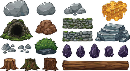 Cartoon Nature Game Asset Vector Set with Rocks, Cave, Tree Stumps, Mossy Stone Walls, Purple Crystals, and Honeycomb Elements for UI Interface Designs © Sohel
