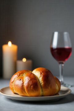 Challah loaf, wineglass, lit candles, grey background Copy space , Light, Celebration