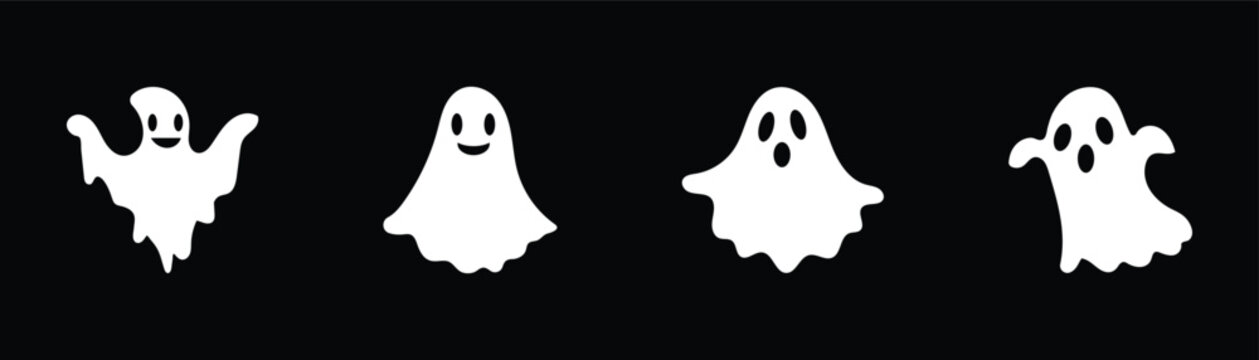 Haunted face Halloween ghost isolated on black background. White ghost vector icon used in seasonal Halloween flyers, stickers, textiles, and party invitation templates.