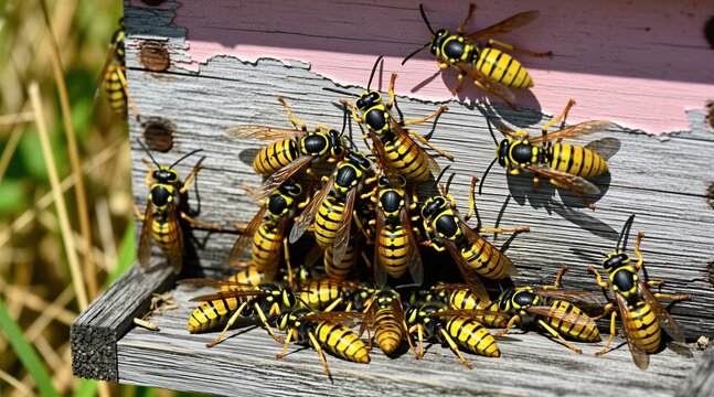 Macro shot of yellow black wasps swarm around wooden beehive entrance. Many aggressive stinging insects crawl on rustic textured board. Wild colony active in sunny summer garden. Dangerous predator