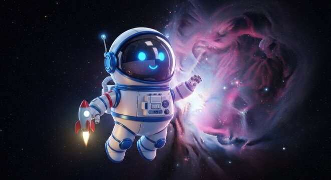 Astronaut floating in colorful cosmic space scene.
