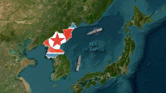 North Korea flag overlaying map with ships in the Sea of Japan animation video