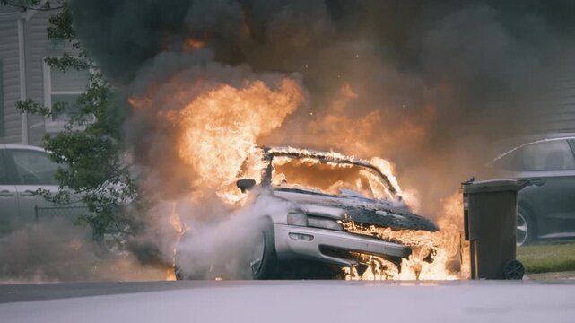 A burning car explodes in a suburban neighborhood during a storm, slow motion 120fps