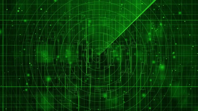 futuristic green digital cityscape rotates with isometric precision, real-time radar scanning, security, surveillance and data visualization