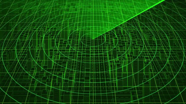 green radar scan illuminates a wireframe cityscape, advanced digital security and technology, urban connectivity, surveillance systems, loopable animation