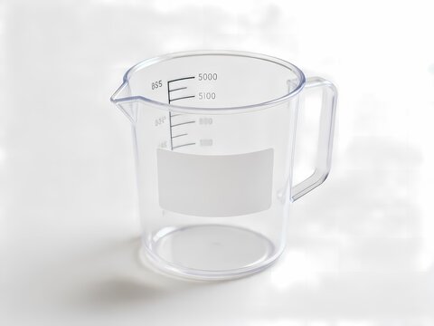 Transparent plastic measuring jug with volume scale marks and handle isolated on white background