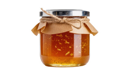 Fototapeta premium Glass jar of orange marmalade with twine and paper lid, isolated on transparent background