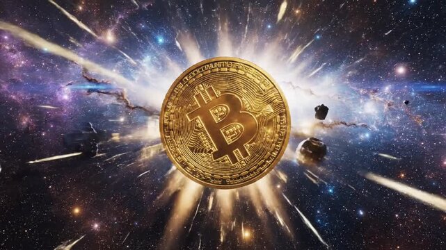 A shiny Bitcoin explodes in a vibrant galaxy with colorful lights and stars.