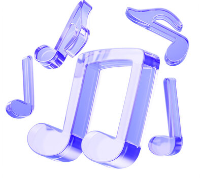 Holographic glass music notes on pastel purple 3D background. Crystal symbols of rhythm, sound and melody. Musical notation, song chords for symphonic concert, dance party or radio