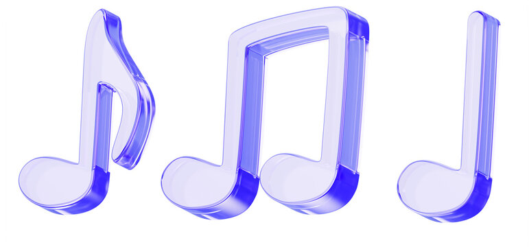 3d glass hologram music note set - eighth, quarter and beam with notehead, stem, flag, bar line on light blue background. Purple crystal musical notation, song chords, melody symbols