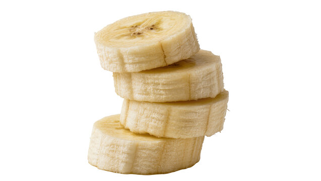 Stack of four sliced ripe bananas, isolated on transparent background