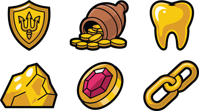 antasy RPG game vector icon set with golden shield spilling coins gold nugget ruby gem and chain links