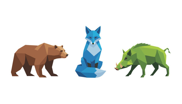 Three geometric wild animals featuring a brown bear, a blue fox, and a green wild boar rendered in a low-poly style.