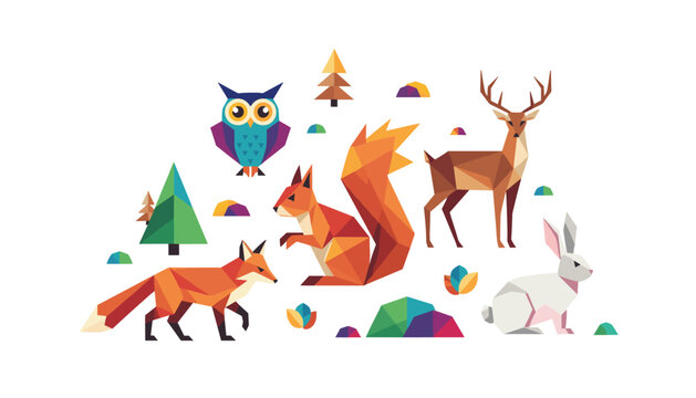 Colorful low-poly forest animals illustration featuring an owl, a squirrel, a fox, a deer, and a rabbit with geometric trees.