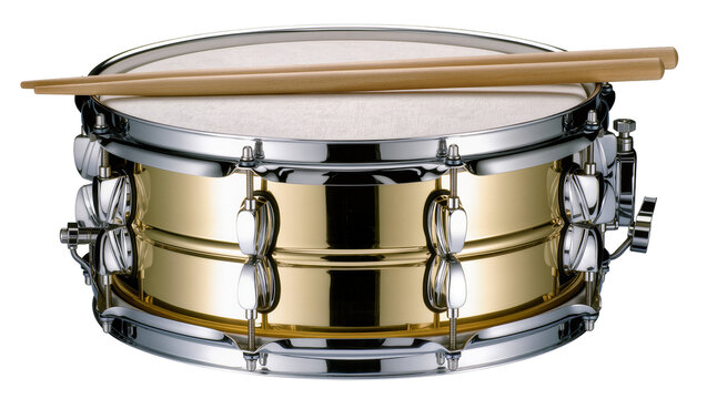 Shiny brass snare drum with wooden drumsticks, isolated on transparent background