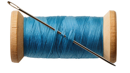Wooden spool with bright blue thread and metal needle, isolated on transparent background © Sorin