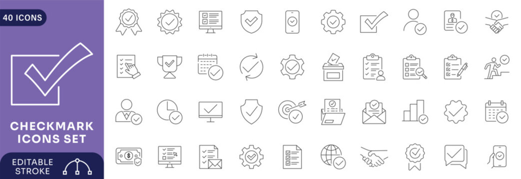Checkmark icon set. Containing check, correct, accept, agree, confirm, approve, complete, checklist, verified. Editable stroke
