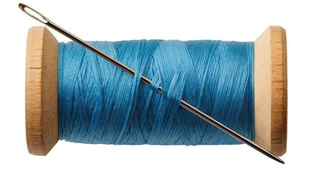 Wooden spool with bright blue thread and metal needle, isolated on transparent background