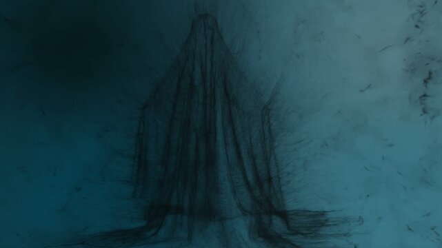 Concept animation of a nightmare with a watching ghost in afterlife. 3d animation built from particles