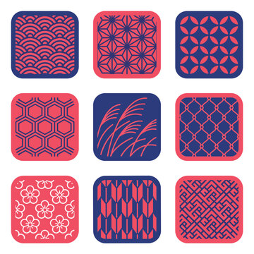 Collection of nine japanese geometric patterns and motifs in navy blue and coral pink, traditional seamless designs