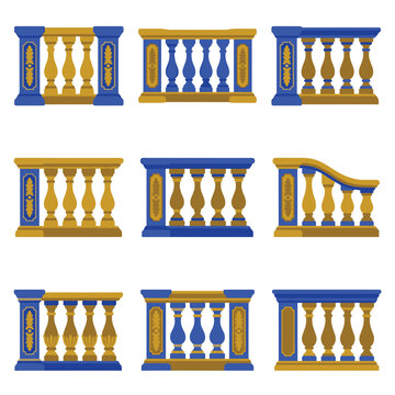 Collection of classical balustrade designs in blue and gold, featuring ornate pillars and decorative elements, perfect for architectural illustration or historical design projects