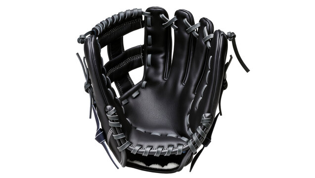Black leather baseball glove with grey stitching, isolated on transparent background