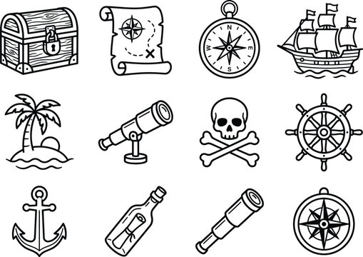 Detailed pirate and maritime icon collection featuring treasure chest map compass ship island telescope skull wheel anchor.