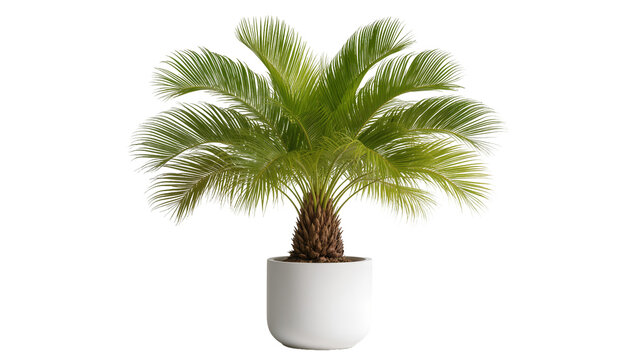 Green sago palm plant in a white ceramic pot, isolated on transparent background
