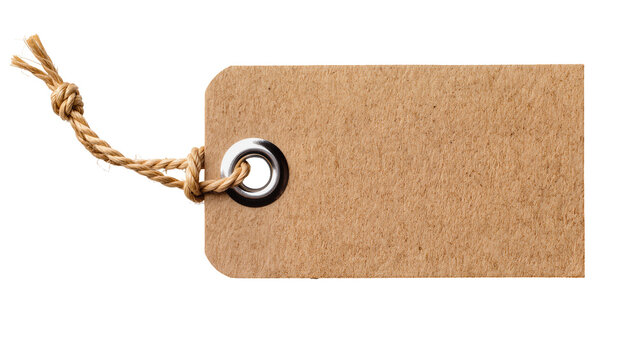 Brown kraft paper tag with metal grommet and twine, isolated on transparent background