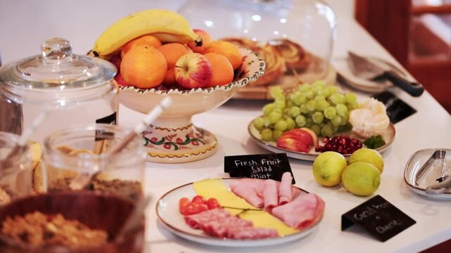 A breakfast buffet spread with fruits, cold meats, cheese and cereals.