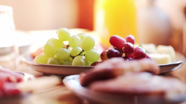 Red and green grapes on a fruit platter at a breakfast table