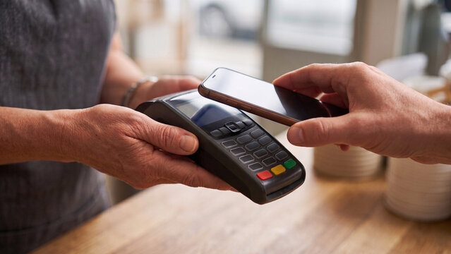 Customer making a contactless smartphone payment using a card terminal at checkout. Fast digital transactions simplify everyday purchases for businesses and consumers.