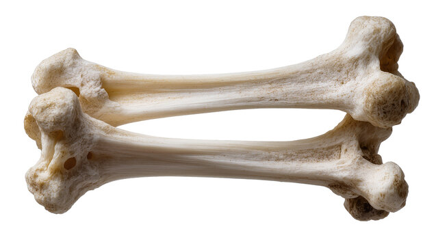 Two beige animal bones crossed over each other, isolated on transparent background