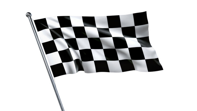 Waving checkered flag on metal pole, isolated on transparent background