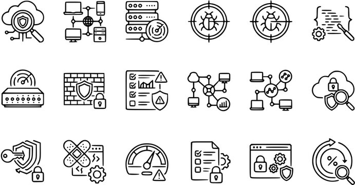 Cybersecurity Icon Set: Cloud Security, Network, Firewall, Bug, Code, Data, VPN, Key, Audit