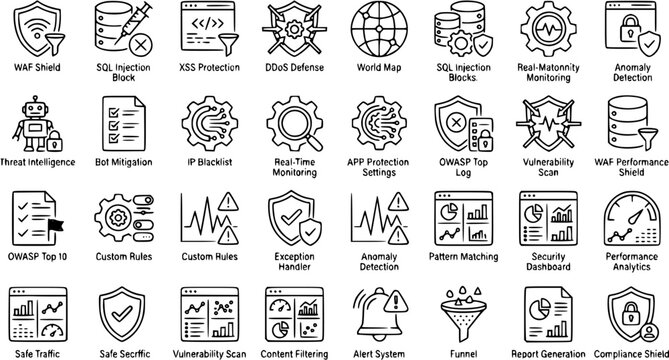 Cybersecurity Line Art Icons Set: Web Application Firewall, SQL Injection, DDoS, Threat Intelligence, Vulnerability Scan, and Data Protection Elements