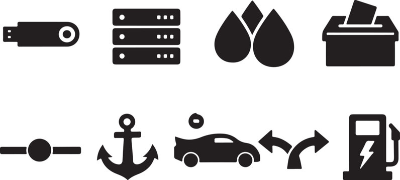 Minimalist black icon set with 9 vector symbols, flat technology and industrial interface elements, simple graphic icons for web and app design