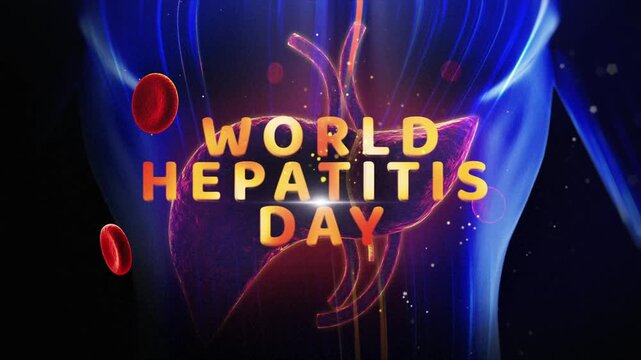 World Hepatitis Day awareness hologram glowing in dark. Neon medical health campaign light trails with 3D text animation.